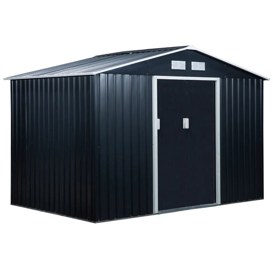 9 x 6 ft Metal Garden Shed, Lockable Outdoor Storage Shed with Double Sliding Doors