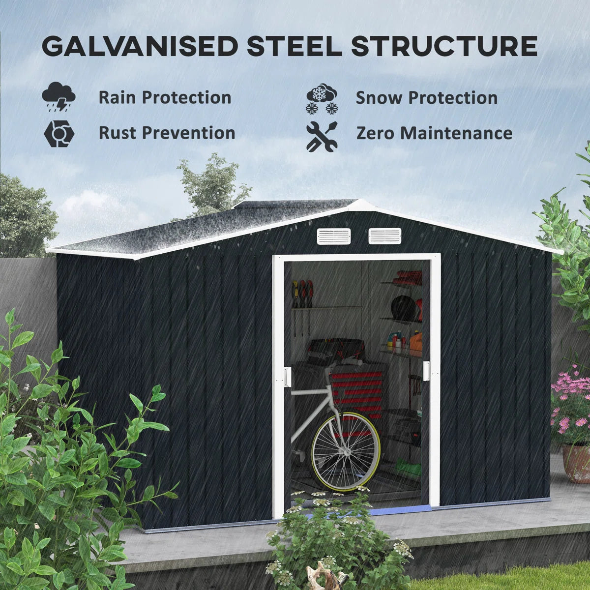 9 x 6 ft Metal Garden Shed, Lockable Outdoor Storage Shed with Double Sliding Doors