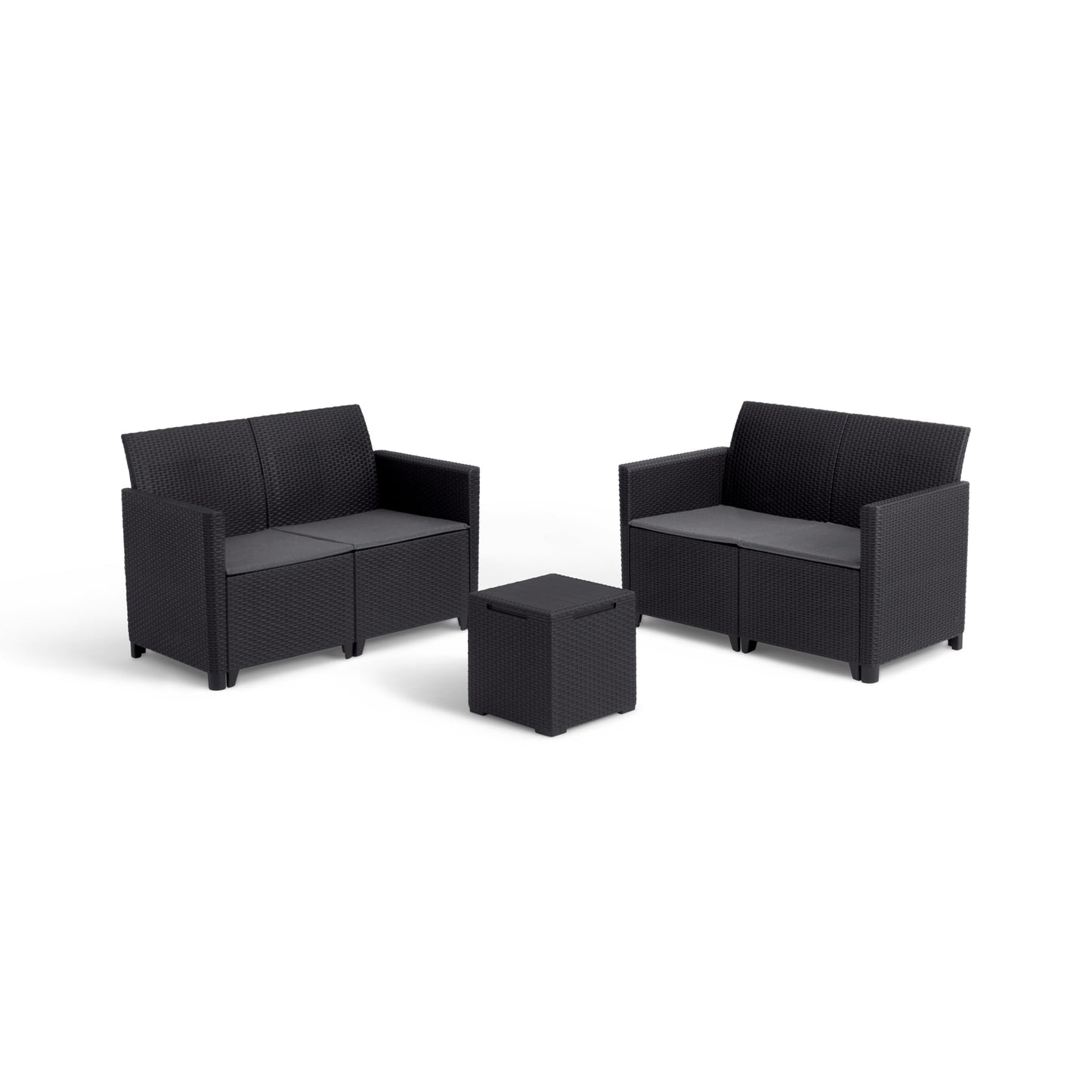 4-Piece Outdoor Lounge Set with 2 Sofas, Storage Coffee Table & Cushions, Rattan-Effect Weather-Resistant Resin, Grey