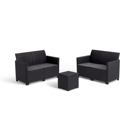 4-Piece Outdoor Lounge Set with 2 Sofas, Storage Coffee Table & Cushions, Rattan-Effect Weather-Resistant Resin, Grey