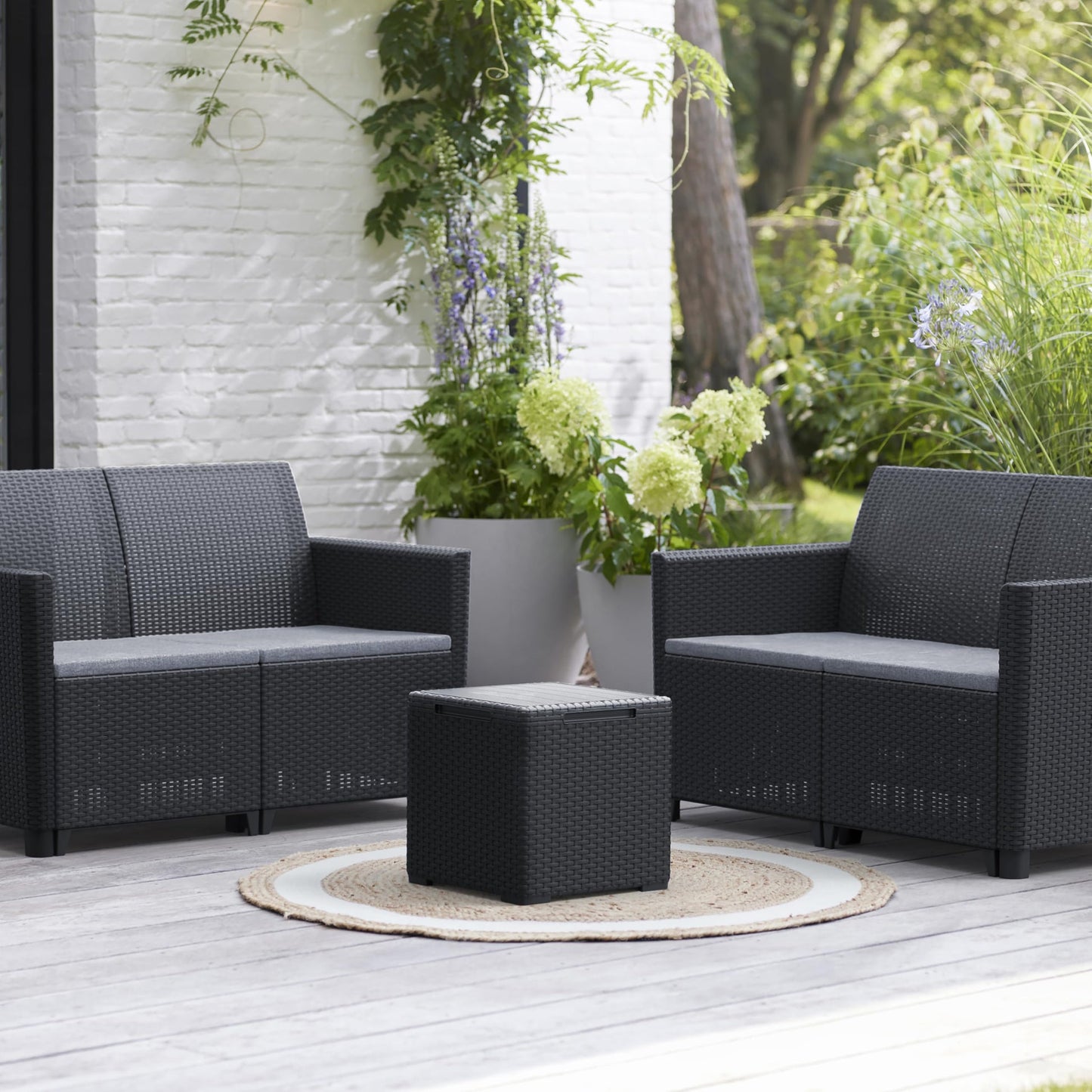 4-Piece Outdoor Lounge Set with 2 Sofas, Storage Coffee Table & Cushions, Rattan-Effect Weather-Resistant Resin, Grey