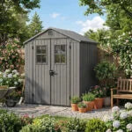 4 x 6 ft Heavy Duty Plastic Garden Shed, Weather-Resistant Outdoor Storage Shed, Lockable Double Doors, Grey