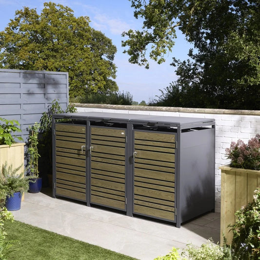 Triple Bin Storage Unit, Wooden Outdoor Bin Store with Lift-Up Lids & Front Doors, Oak Finish