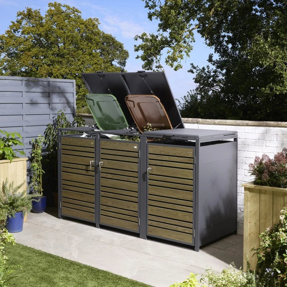 Triple Bin Storage Unit, Wooden Outdoor Bin Store with Lift-Up Lids & Front Doors, Oak Finish